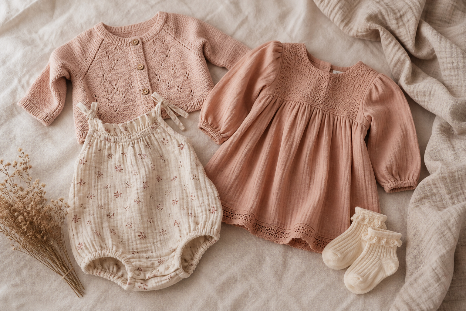Babykleding voor meisjes in zachte klei- en crèmetinten, opgevouwen op linnen