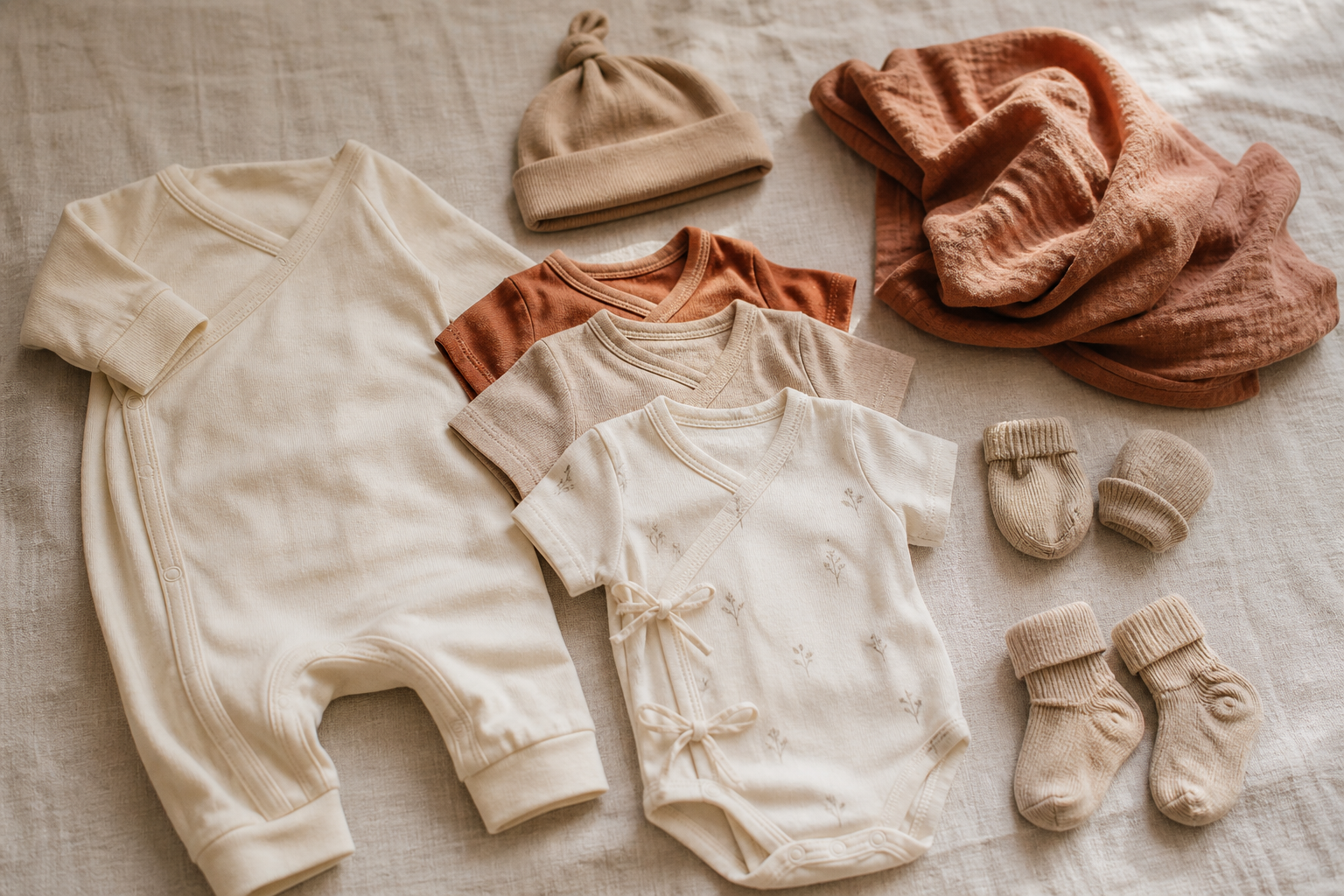 Complete newborn-uitzet: kleine rompertjes, mutsje en sokjes in crème en klei