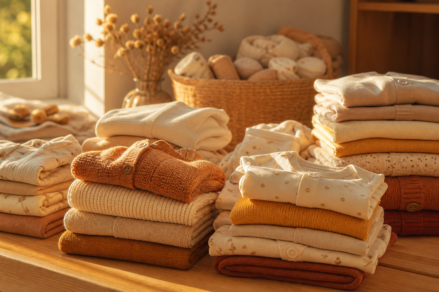 Stapel voordelige babykleding in warm licht