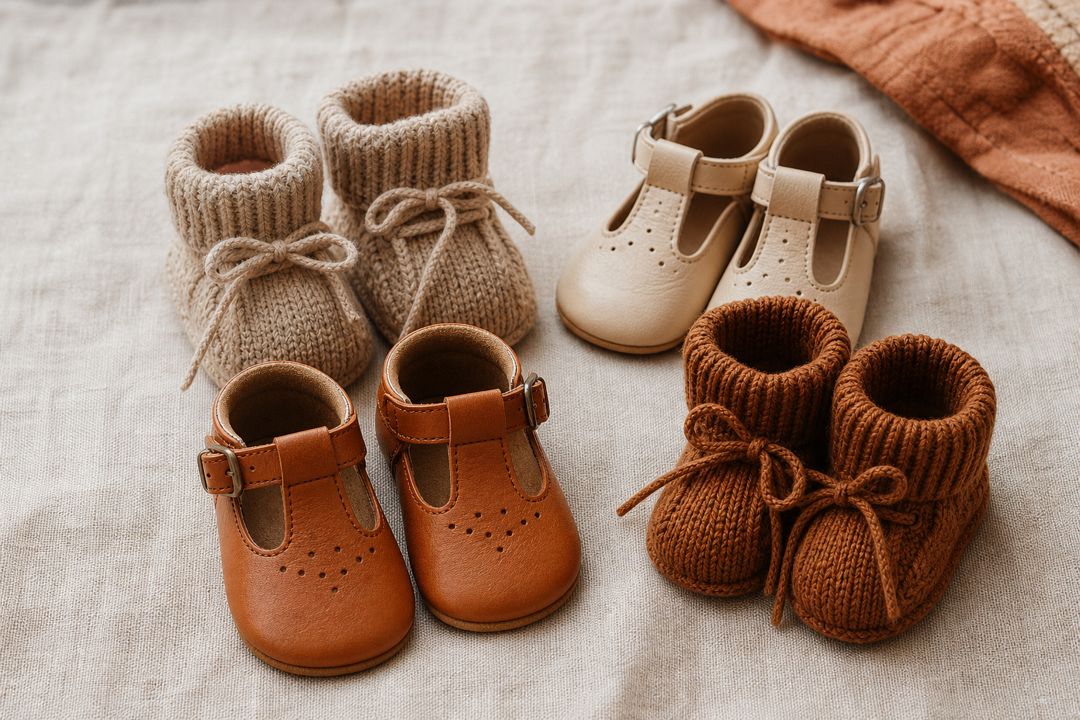 Kleine babyschoentjes en gebreide slofjes in zachte tinten op linnen