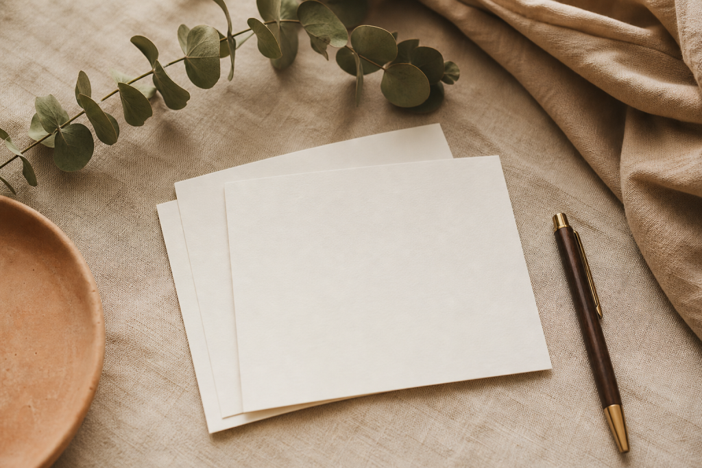 Blanco geboortekaartjes met pen en eucalyptus