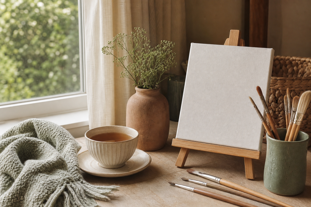 Rustig hoekje met thee, kwasten en een canvas