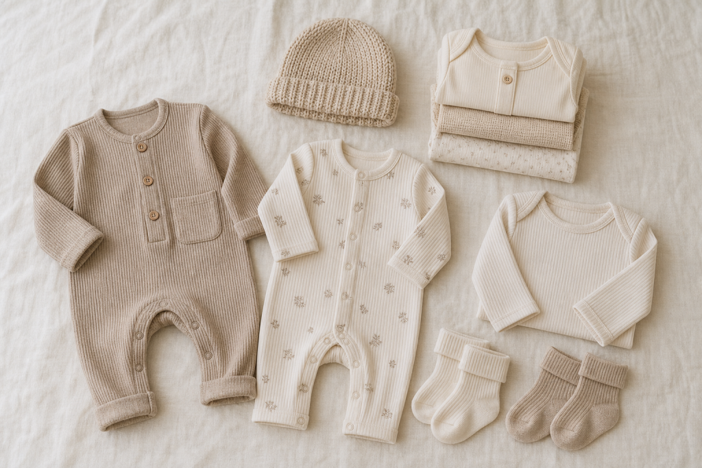 Stapel rompertjes en babykleertjes in neutrale tinten